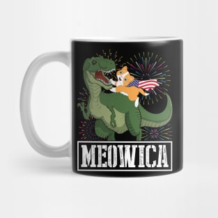 Cat With US Flag Riding Dinosaur And Fireworks MEOWICA Happy Independence July 4th Day American Cats Mug